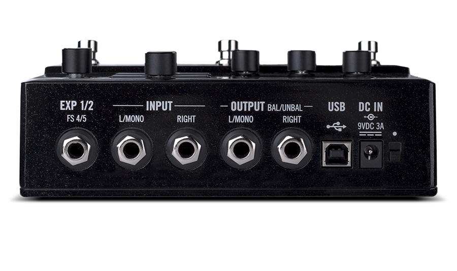 Panel belakang Line 6 HX Stomp dengan deretan input, output, send/return, dan USB